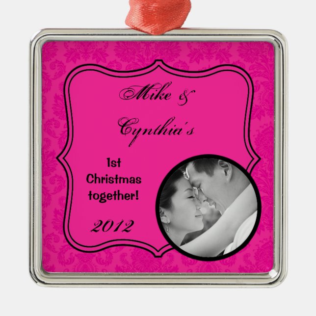 Personlig Photo Ornament Shock rosa Damask Snöre (Framsidan)