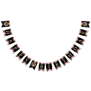 Personlig Photo Rosa Blommigt Black Guld Birthday Vimplar