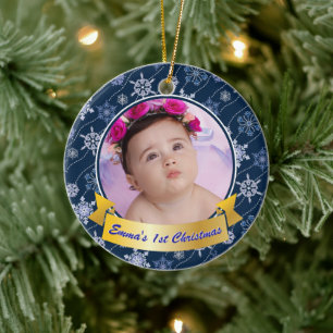 Personlig Photo Snowflake Navy Blue Julgransprydnad Keramik