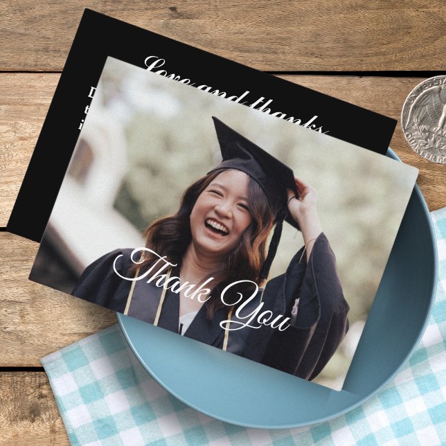Personlig Photo Studenten tackkort Anteckningskort (Personalized Photo Graduation Thank You Cards | Black )