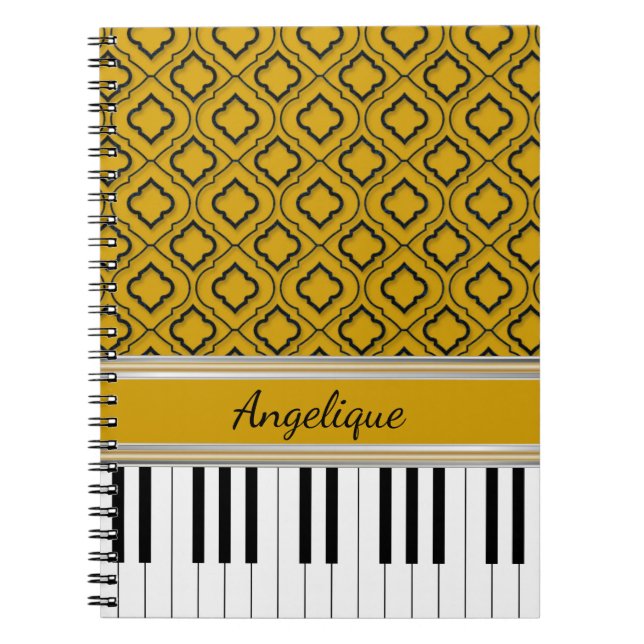 Personlig Piano Nycklar Black Quatrefoil på Guld Anteckningsbok (Framsidan)