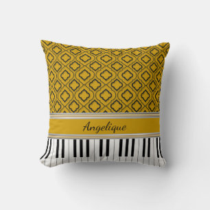 Personlig Piano Nycklar Black Quatrefoil på Guld Kudde