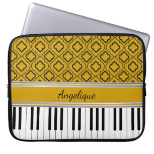 Personlig Piano Nycklar Black Quatrefoil på Guld Laptop Fodral
