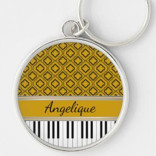 Personlig Piano Nycklar Black Quatrefoil på Guld Rund Silverfärgad Nyckelring