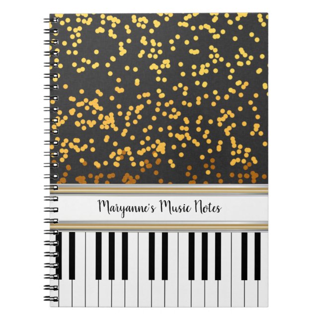 Personlig Piano Nycklar Guld Polka dots Mönster Anteckningsbok (Framsidan)