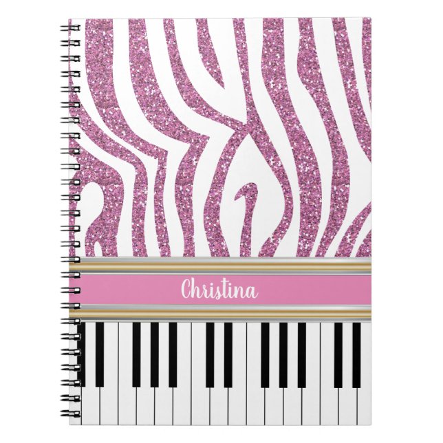 Personlig Piano Nycklar Rosa Glitter Zebra tryck Anteckningsbok (Framsidan)