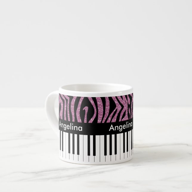 Personlig Piano Nycklar Rosa Glitter Zebra tryck Espressomugg (Framsida vänster)