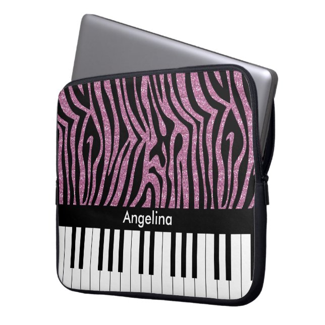 Personlig Piano Nycklar Rosa Glitter Zebra tryck Laptop Sleeve (Framsidan Vänster)