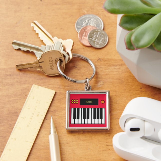 Personlig Piano Nycklar Tangentbord Keychain Red Fyrkantig Silverfärgad Nyckelring (Skrivbord)