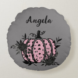Personlig Pillow, Rosa och svart Pumpkin Rund Kudde
