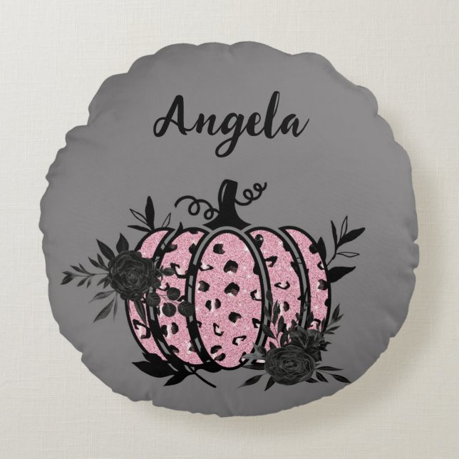 Personlig Pillow, Rosa och svart Pumpkin Rund Kudde (Framsidan)