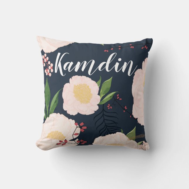 Personlig Pillow White Blommigt Flowers på Mörk B Kudde (Framsida)
