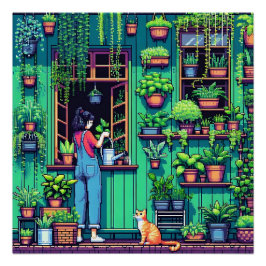 Personlig Pixel Art Plants and Cat Perfect Poster