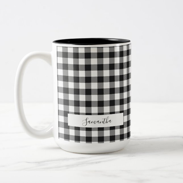 Personlig Play Black White Rustic Gingham Mamma Två-Tonad Mugg (Vänster)