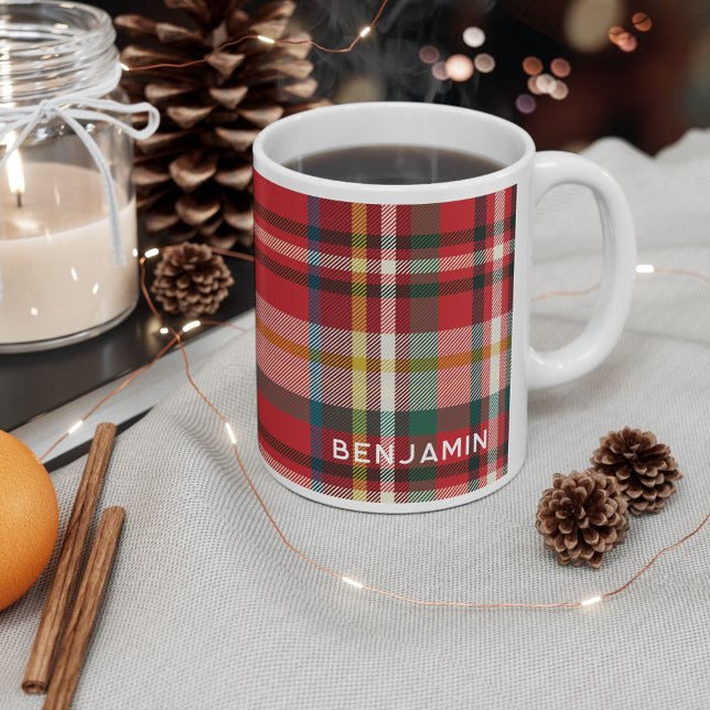 Personlig Play Red Grönt Rustic-jul Kaffemugg (Plaid Rustic Personalized 11oz Christmas Holidays Hot Coffee Mug)
