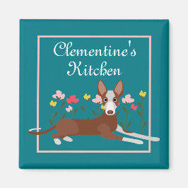 Personlig Podenco Hund Girly Blommigt Blue Fridge Magnet