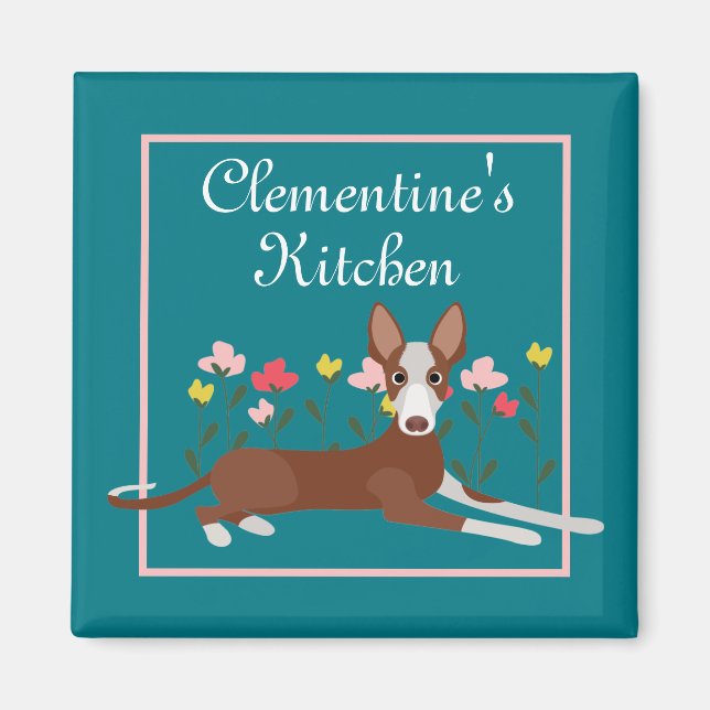 Personlig Podenco Hund Girly Blommigt Blue Fridge Magnet (Framsidan)