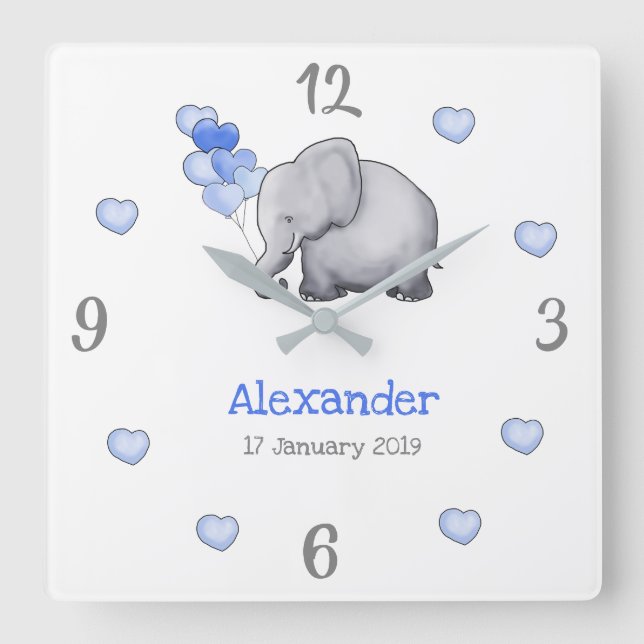 Personlig Poetic Baby Balloons Elephant Nursery Fyrkantig Klocka (Framsida)