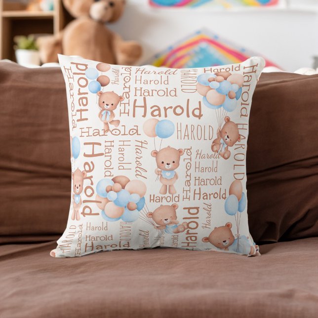Personlig-pojkar namn nalle-kollage-presenter kudde (Personalized boys name teddy bear collage gifts throw pillow nursery decor baby boy gifts ideas)