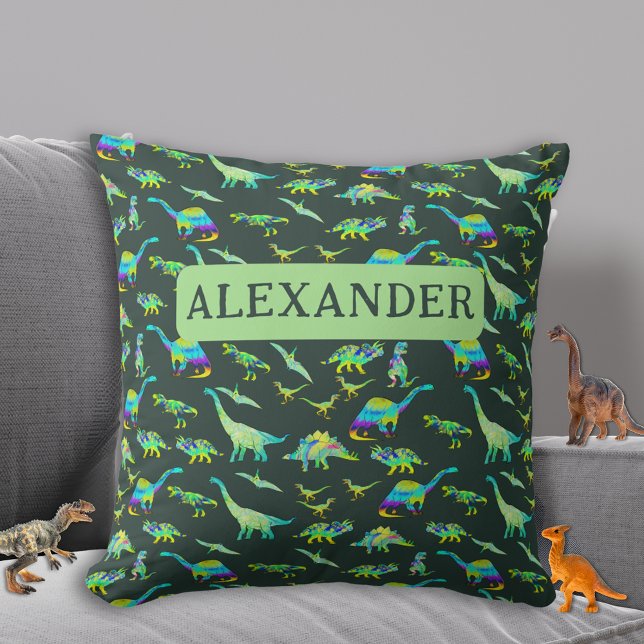 Personlig pojke dinosaurie grön kudde (Dinosaur pattern personalized boys name dark green and teal Pillow custom dino home decor)