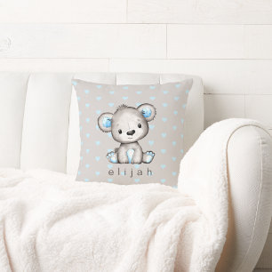 Personlig Pojke Nalle Blue Hearts Kudde