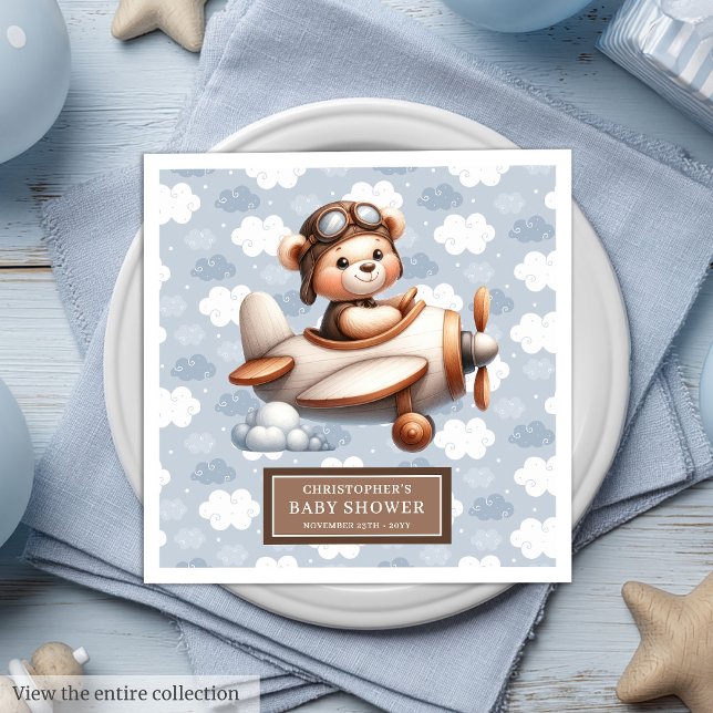 Personlig Pojke Nalle Pilot Party Pappersservett (Personalized Baby Boy Teddy Bear Pilot Party Paper Dinner Napkins)