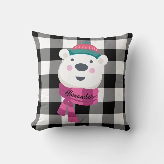 Personlig Polar Bear Black White Gingham Kudde (Framsida)