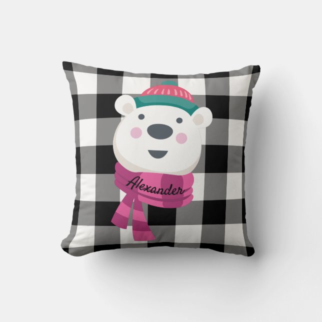 Personlig Polar Bear Black White Gingham Kudde (Framsida)