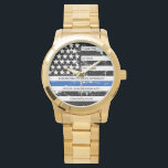 Personlig Polis Pension Thin Blue Line Flagga Armbandsur<br><div class="desc">Fira och visa er uppskattning för en framstående polisman med denna Thin Blue Line Police Pension Watch - American flagga design in Police Flagga, a disted design . Perfekt för tjänstepriser, polisjubileumsgåvor och polisiära pension-gåvor. Anpassa polisbevakningen i pension med namn och passernummer, tjänsteår och tjänsteår, polisavdelning. COPYRIGHT © 2020 Judy...</div>