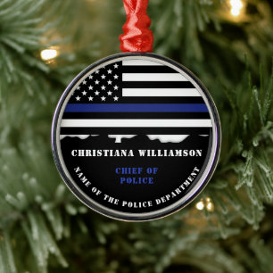 Personlig Polischef Thin Blue Line Flagga Julgransprydnad Metall