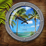 Personlig Porthole to Paradise Wall Clock Stor Klocka<br><div class="desc">Roligtens tropiska,  nautisk dekortema personligen "portholfönstrets" väggklocka.</div>