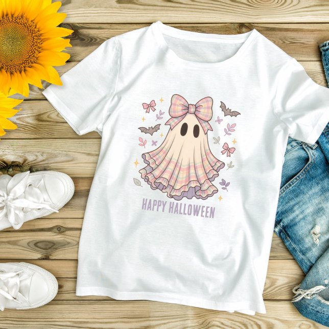 Personlig Preppy Ghost Bow Coquette Halloween T Shirt (Pastel Plaid Preppy Ghost Coquette Bow Halloween T-shirt for her)