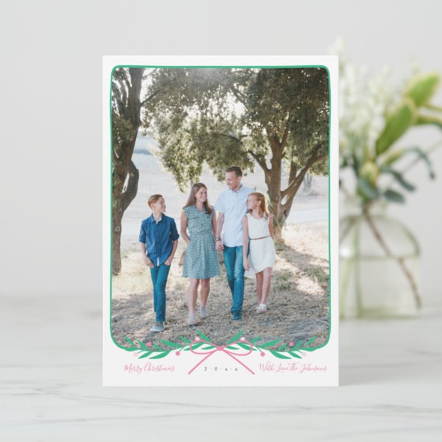 Personlig Preppy Helgdag Utandning med Rosa Bow Julkort (Stående Fram)