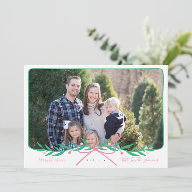 Personlig Preppy Helgdag Utandning med Rosa Bow Julkort (Stående Fram)