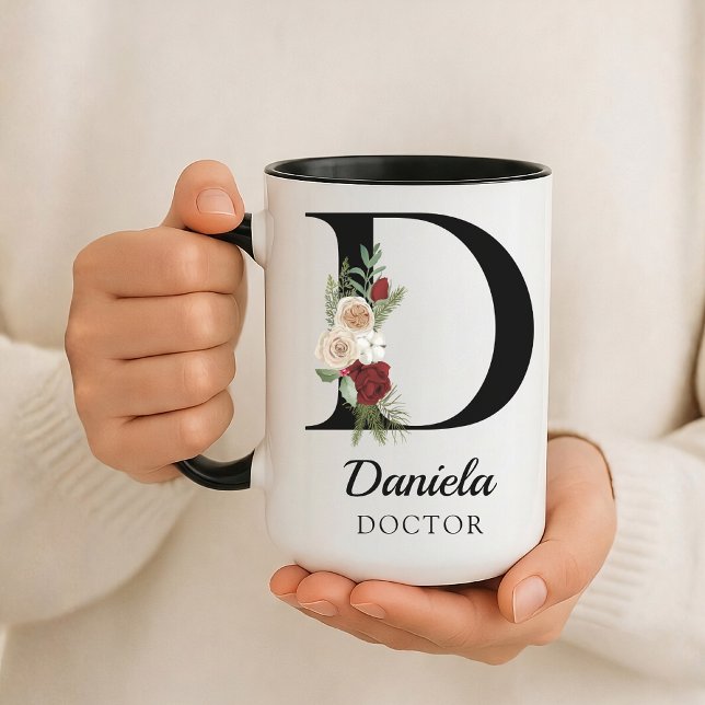 Personlig present med blommönster och initialer -  mugg (Personalized Floral Alphabet Mug Gift for Mom, Teacher, Nurse, Doctor, Coworker, Boss or Bridesmaid)