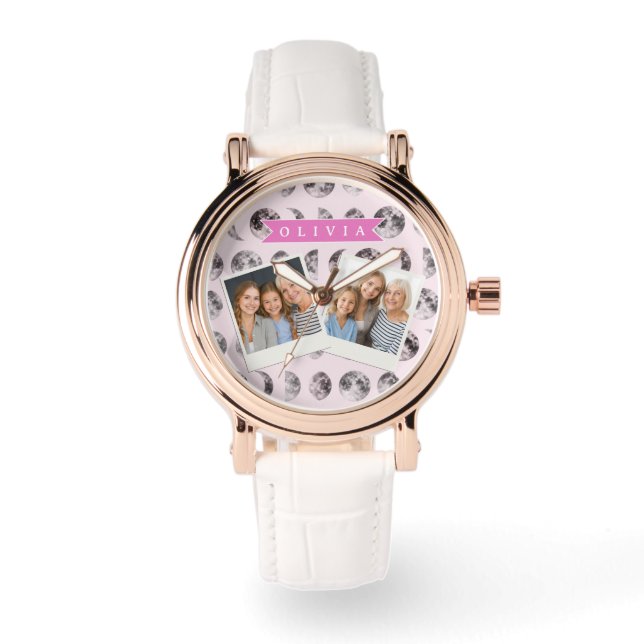 Personlig present med rosa månfas och himmelskt na armbandsur (Framsida)