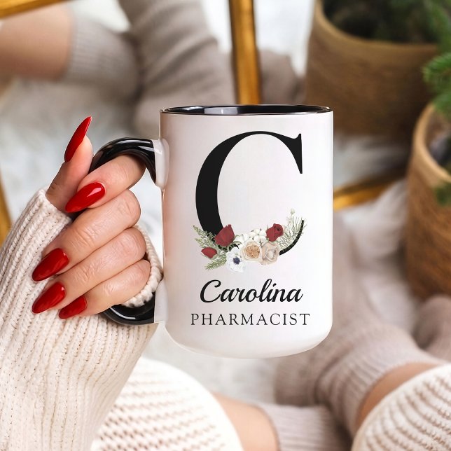 Personlig presentmugg med blommönster för RN apote Mugg (Personalized Floral Alphabet Mug Gift for Mom, Teacher, Nurse, Doctor, Coworker, Boss or Bridesmaid)