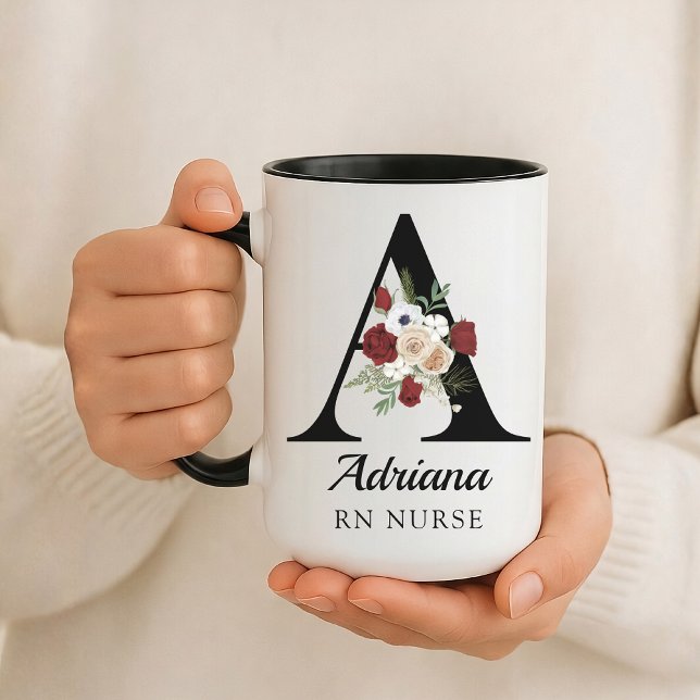 Personlig presentmugg med blommönster och förkortn mugg (Personalized Floral Monogram Mug Wedding Graduation Birthday Gift for Her, Mom or Girls)