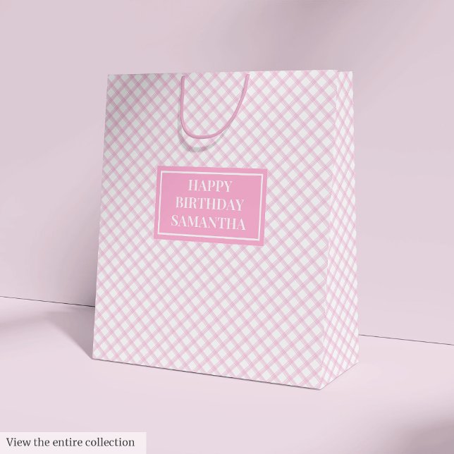 Personlig presentpåse Rosa rutmönster Födelsedagsa (Personalized Gift Bag Pink Plaid Birthday Accent)