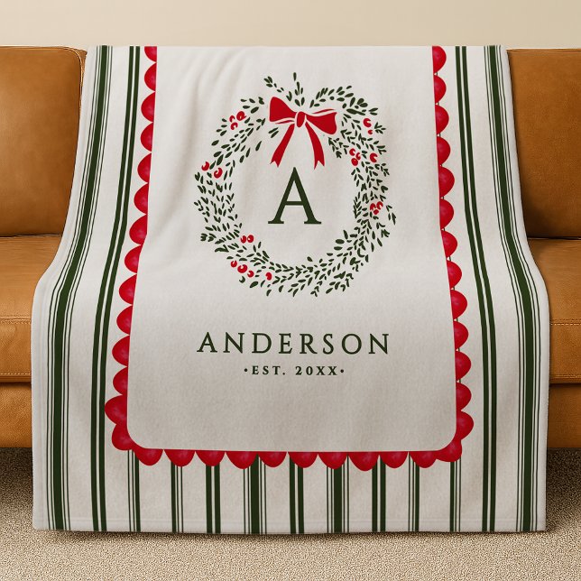 Personlig Prickig Julkrans Monogram & Namn Fleecefilt (Skapare uppladdad)