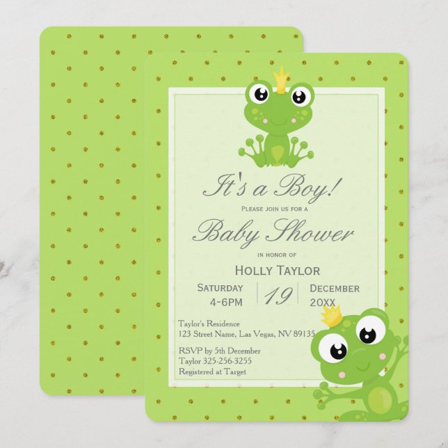 Personlig Prince Frog Baby Shower-inbjudan Inbjudningar (Fram/baksida)