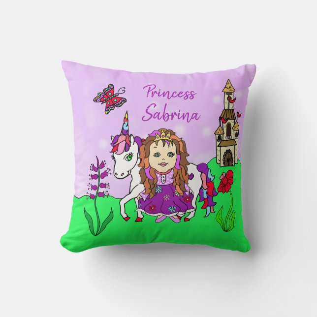 Personlig Princess och Unicorn Rainbow Girl Kudde (Framsida)