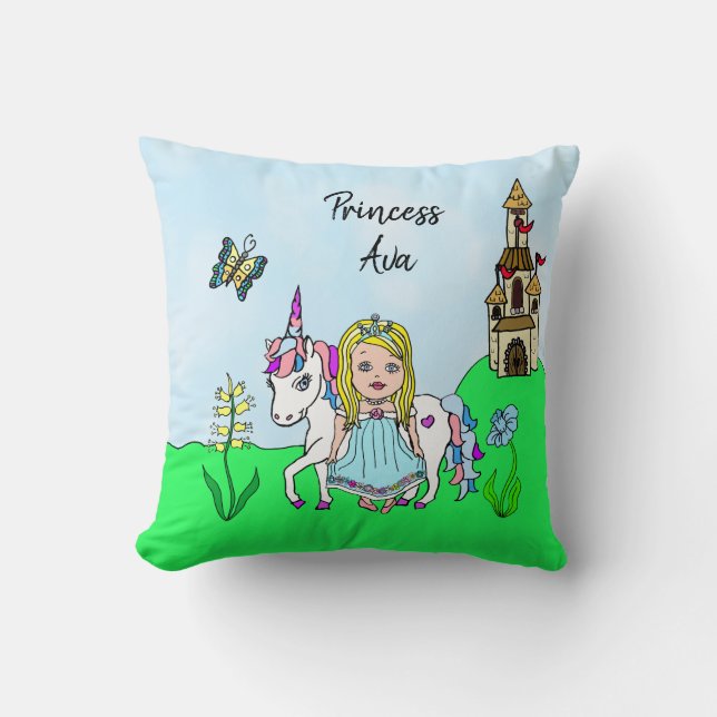 Personlig Princess och Unicorn Rainbow Girl Kudde (Framsida)