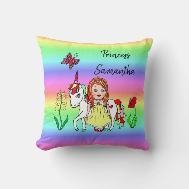 Personlig Princess och Unicorn Rainbow Girl Kudde (Framsida)