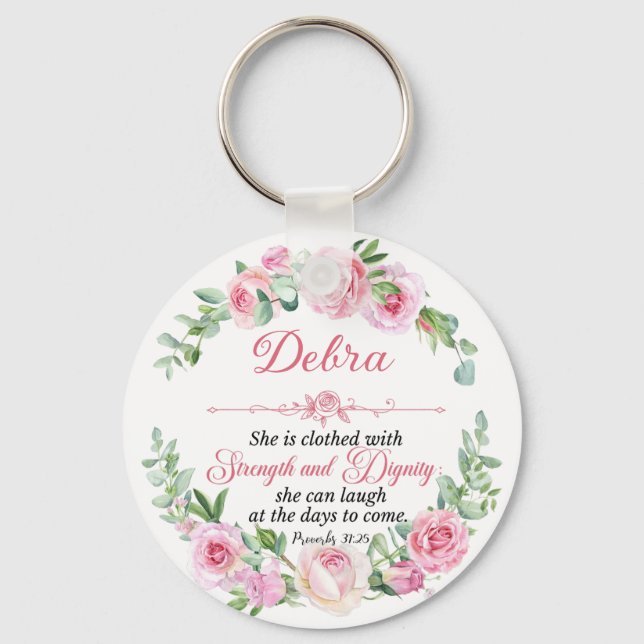 Personlig Prov 31:25 Mors dag Rosa Ros Nyckelring (Framsida)