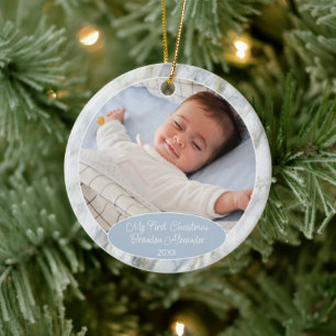Personlig prydnad med foto på blå marmor julgransprydnad keramik