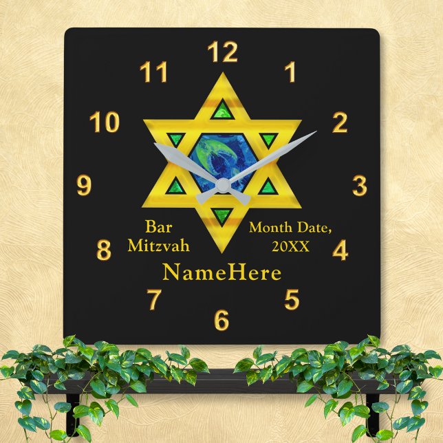 Personlig Pub Mitzvah Gifts, David-stjärnan Fyrkantig Klocka (Star of David Clocks. Bar Mitzvah Gifts. Bar Mitzvah Wall Clock. Bar Mitzvah gifts personalized.)
