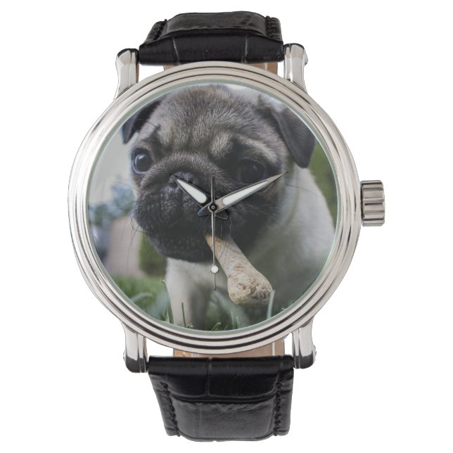 Personlig Pug Hund Photo och Namn Armbandsur (Framsida)