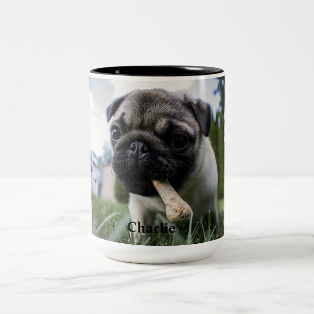 Personlig Pug Hund Photo och Namn Två-Tonad Mugg (Center)