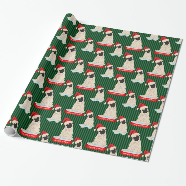 Personlig Pug Naughty Nice Santa Hat jul Presentpapper (Utrullad)